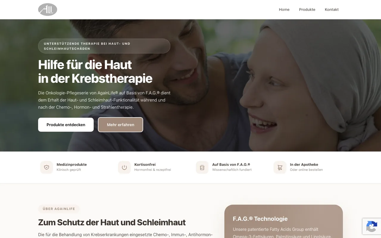 AgainLife — WordPress-Redesign für Onkologie-Pflegeprodukte
